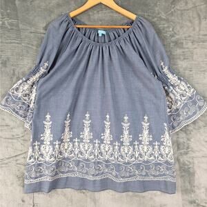 Womens Top XL Blue Boho Peasant Cottagecore Festival Chambray Floral Embroidered